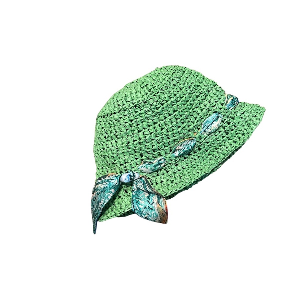Vibrant Green and Blue Sun Hat Raffia Look Bucket Hat - Picture 2 of 2